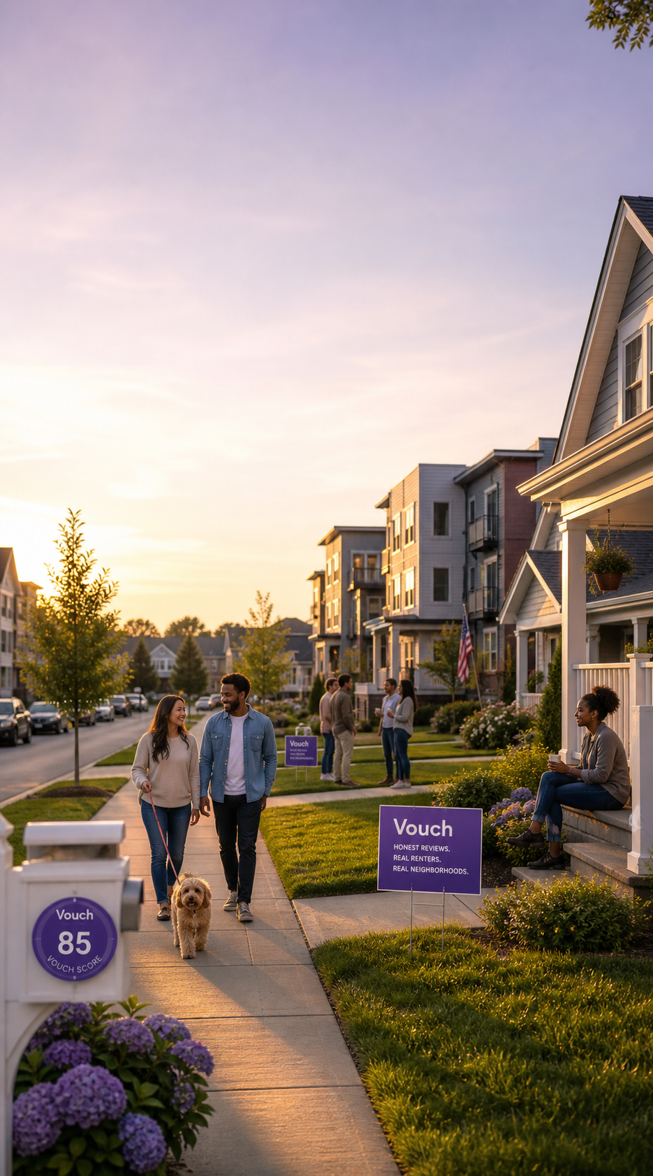 Suburban neighborhood street at golden hour