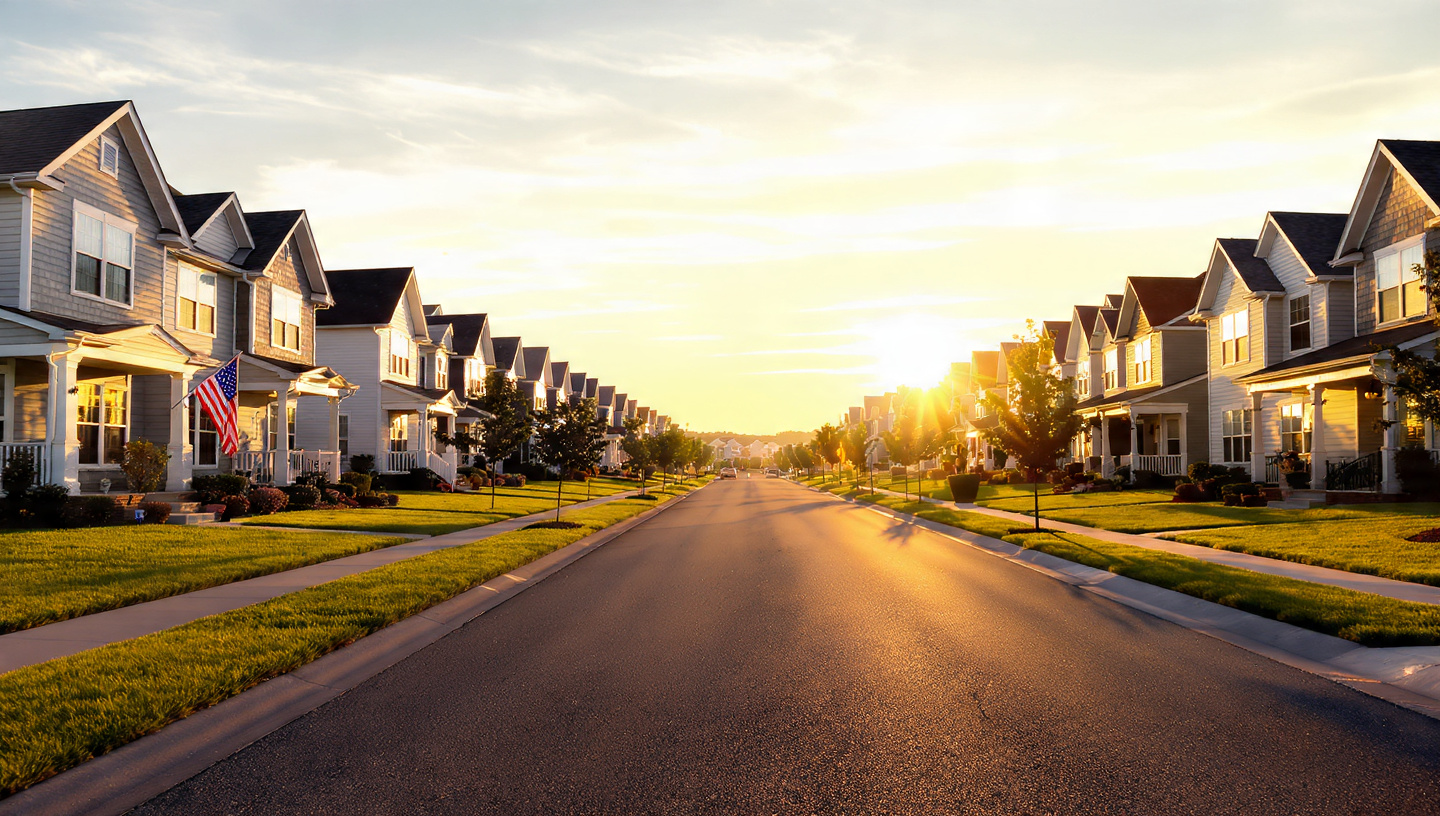 Suburban neighborhood street at golden hour